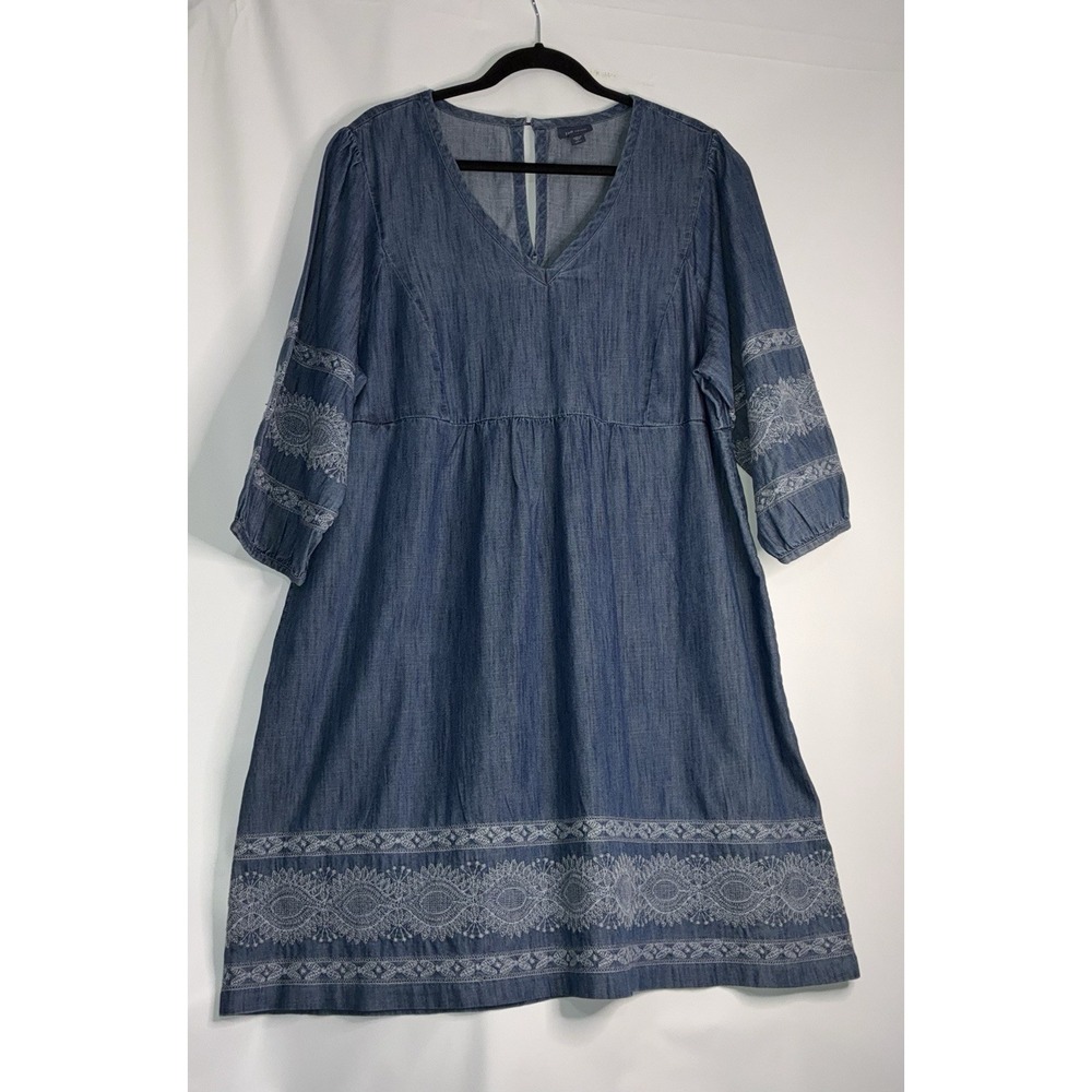 J Jill Women Dress Large Blue Denim Boho Shift Embroidered Long Sleeve V Neck